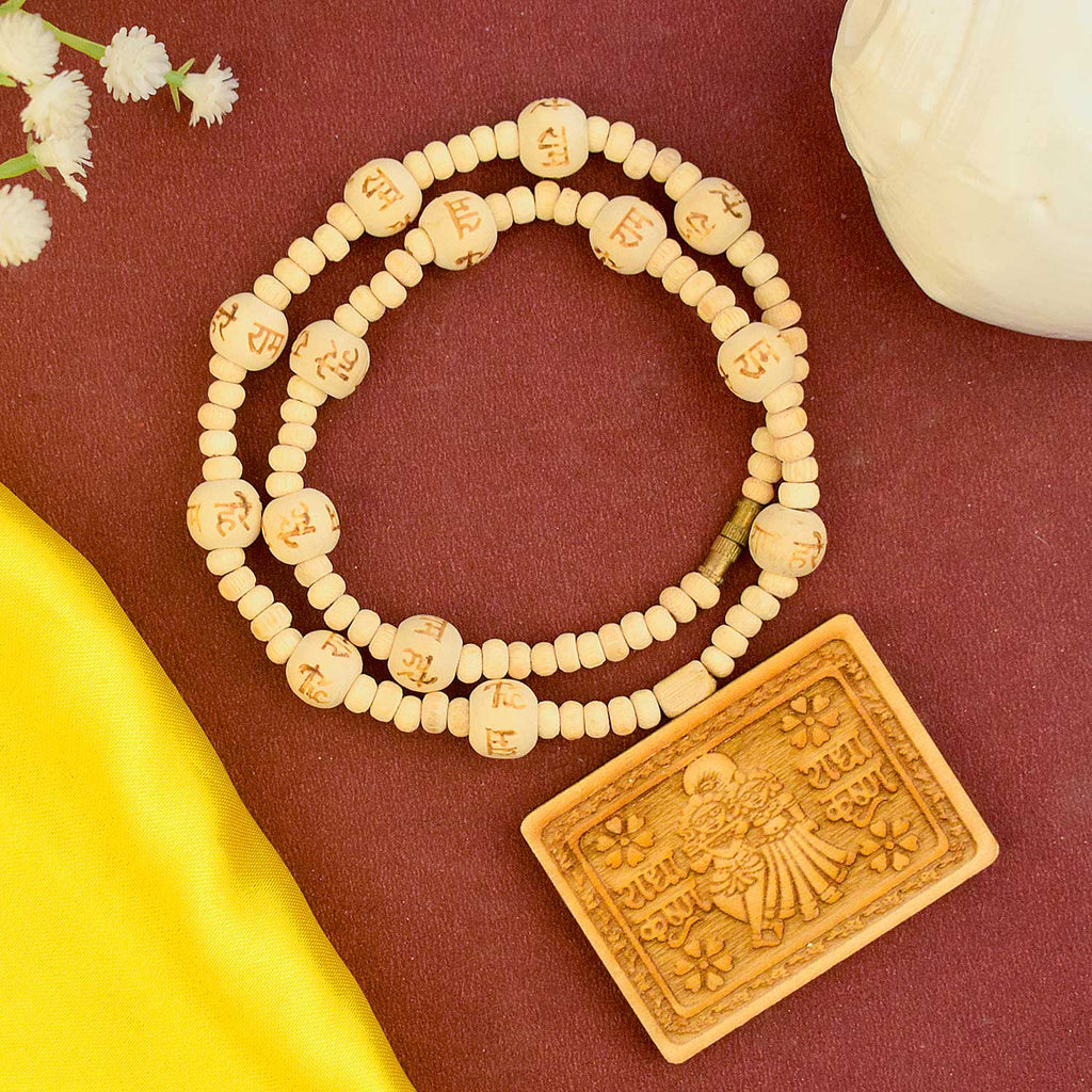 Wooden Mala with Radha Krishna Locket – devotional necklace with natural beads for chanting and spiritual connection. India’s Largest Brass Idols Brand - www.satvikworld.com
