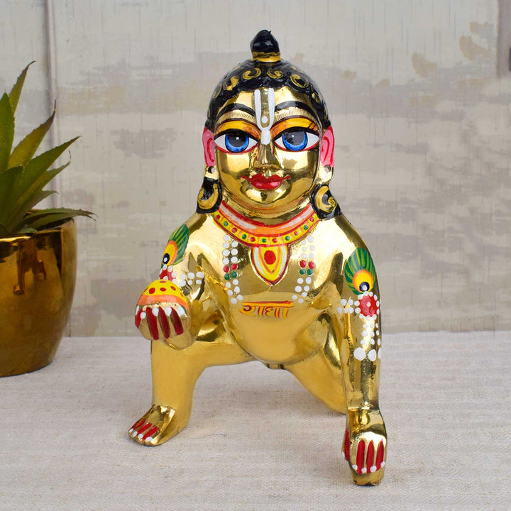 Brass Bal Gopal Idol (Size 9) depicting Laddu Gopal in a playful pose for home temple worship. India’s Largest Pooja Accessories Brand - www.satvikworld.com