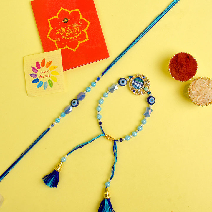 Designer Couple Rakhi Set for Bhaiya and Bhabhi with Roli Chawal and Ram Sita Stickers – Raksha Bandhan Gift Combo. India’s Largest Brass Idols Brand - www.satvikworld.com