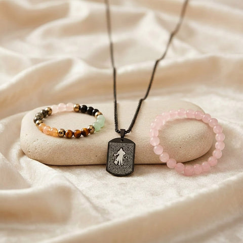 dhan yog bracelet rose quartz bracelet hanuman chalisa pendant wealth love protection combo. India’s Largest Puja Accessories Brand- www.satvikworld.com