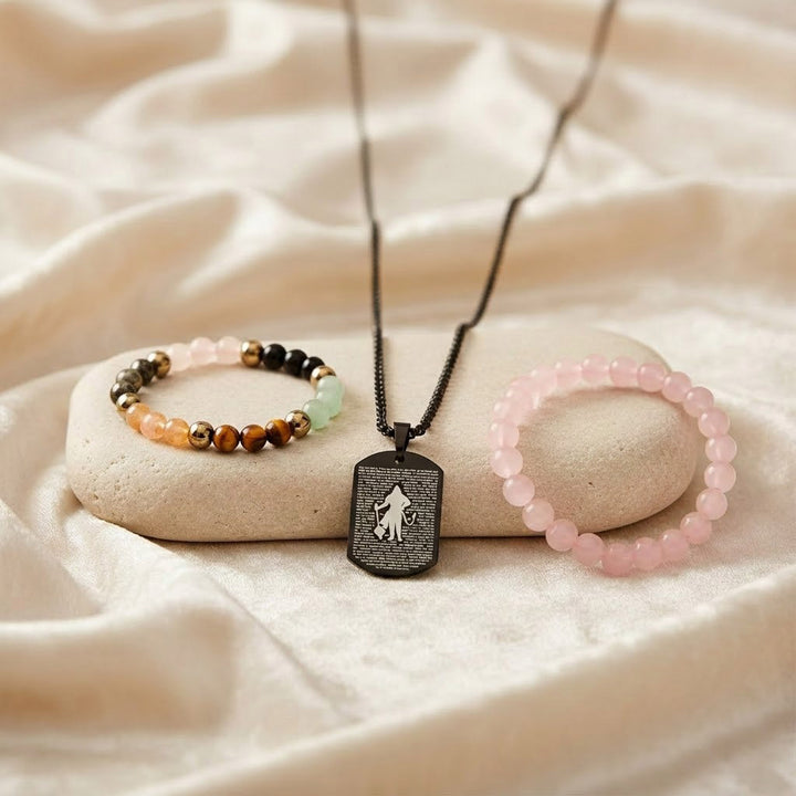 dhan yog bracelet rose quartz bracelet hanuman chalisa pendant wealth love protection combo. India’s Largest Puja Accessories Brand- www.satvikworld.com