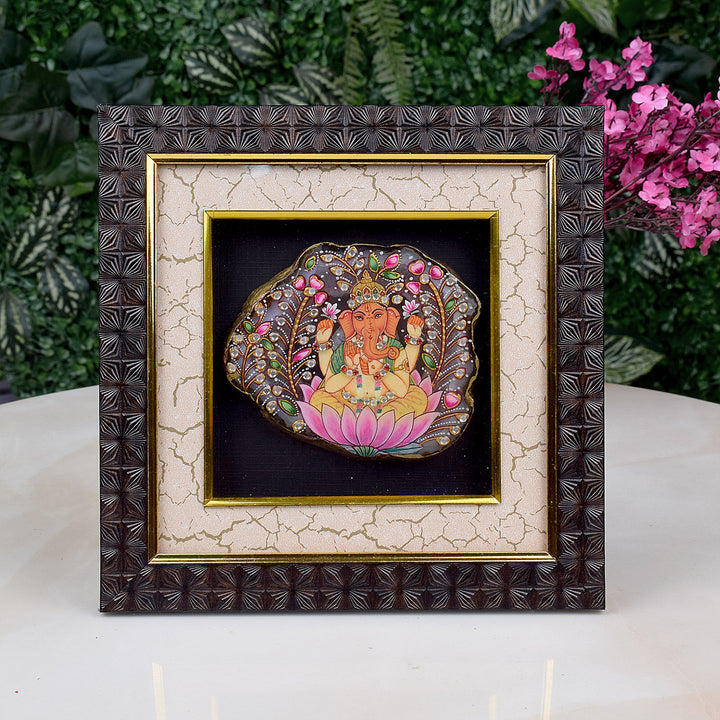 Divine Agate Ganesha Wooden Photo Frame featuring Lord Ganesha embedded on natural agate stone with elegant wooden border India’s Largest Pooja Accessories Brand – www.satvikworld.com