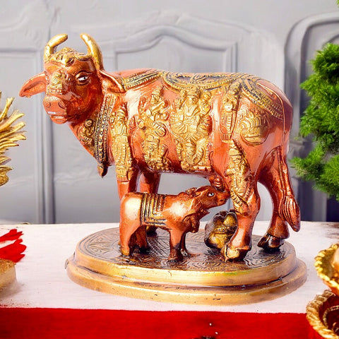 Divine Brass Kamdhenu Cow with Calf Idol, Handcrafted to Showcase the Sacred Bond Between the Divine Cow and Her Calf. A Symbol of Prosperity, Fertility, and Abundance, Ideal for Spiritual Home Décor, Temple, and Puja. Perfect for Invoking Blessings of Wealth, Peace, and Divine Grace. India’s Largest Pooja Accessories Brand – www.satvikworld.com