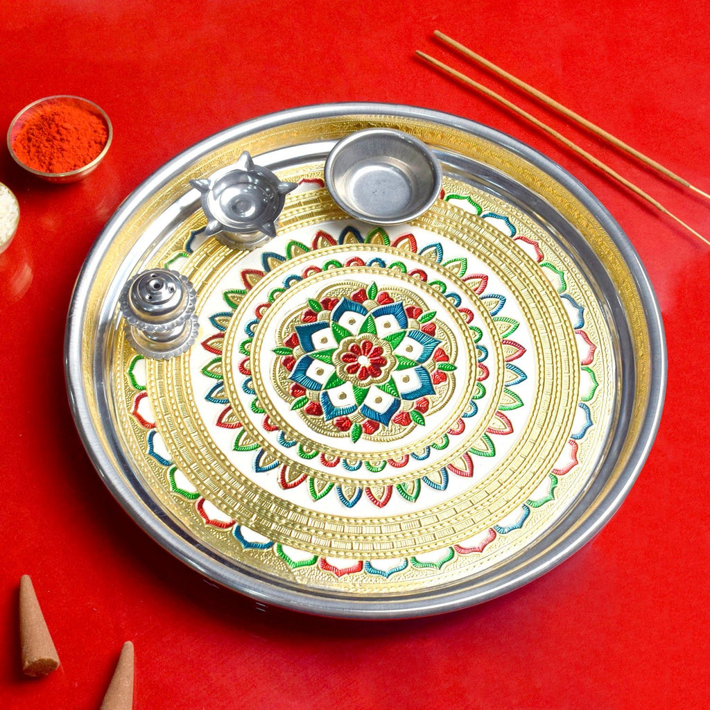 Elegant stainless steel printed Pooja Aarti Thali Set with spiritual motifs, perfect for daily rituals and festive puja ceremonies. India’s Largest Pooja Accessories Brand – www.satvikworld.com