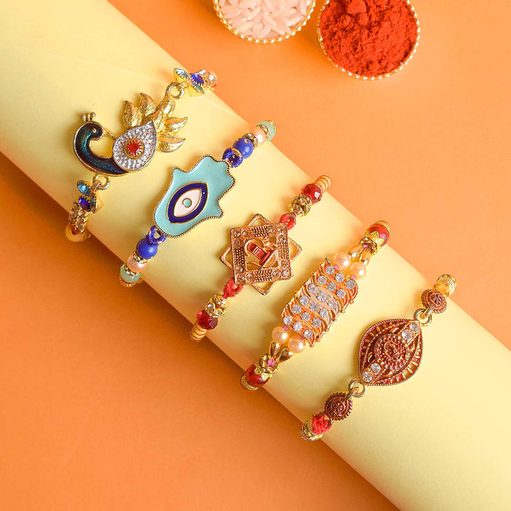 Set of 5 Designer Rakhi Threads with Roli Chawal and Ram Sita Stickers for Raksha Bandhan Celebration. India’s Largest Pooja Accessories Brand - www.satvikworld.com