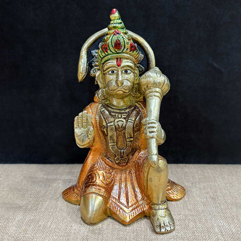 5.3 inch handcrafted brass idol of Lord Hanuman in a powerful seated posture, showcasing fine detailing and divine strength. A symbol of devotion and protection. India’s Largest Pooja Accessories Brand – www.satvikworld.com