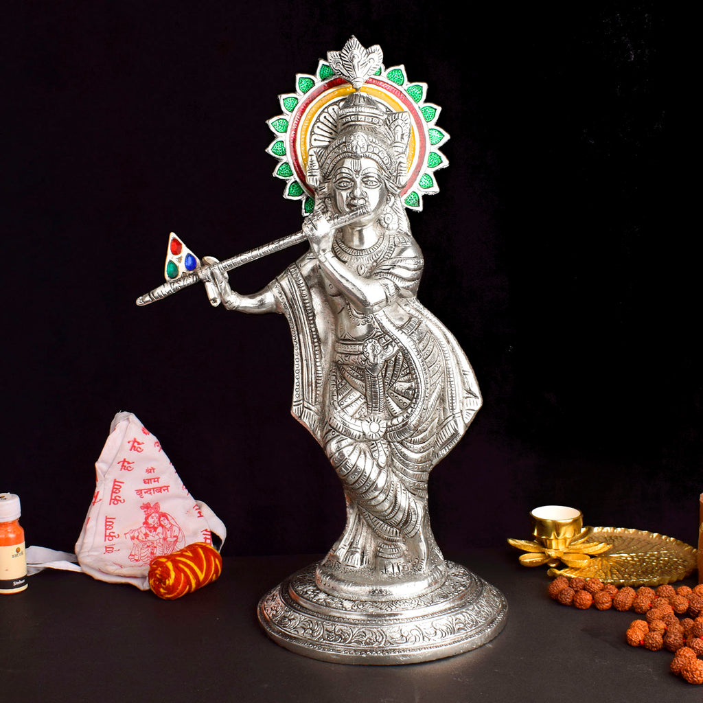 Giant Handcrafted Metal Krishna Idol, A Majestic and Detailed Representation of Lord Krishna in a Divine Pose. Expertly Crafted with Intricate Detailing, This Large Brass Idol Captures the Essence of Krishna’s Eternal Charm and Divine Presence. Ideal for Temple or Home Decor, This Idol Brings a Profound Sense of Devotion and Spirituality to Any Space. India’s Largest Pooja Accessories Brand – www.satvikworld.com