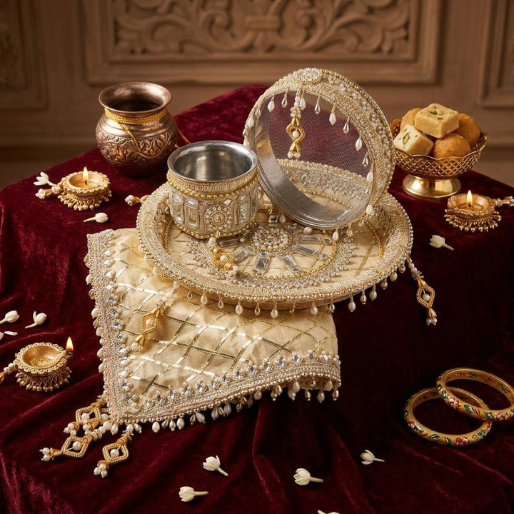 Golden Karwa Chauth Thali Set | India’s Largest Pooja Accessories Brand – www.satvikworld.com