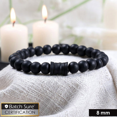8mm black karungali bead bracelet with a central damru-shaped bead on an elastic cord, shown on a plain background. India’s Largest Puja Accessories Brand- www.satvikworld.com