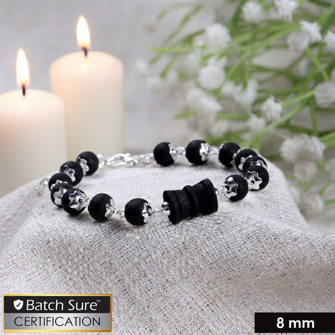 Govt. certified 8mm silver-plated Karungali Damru bracelet with polished ebony wood beads, traditional spiritual design for daily wear. India’s Largest Puja Accessories Brand- www.satvikworld.com