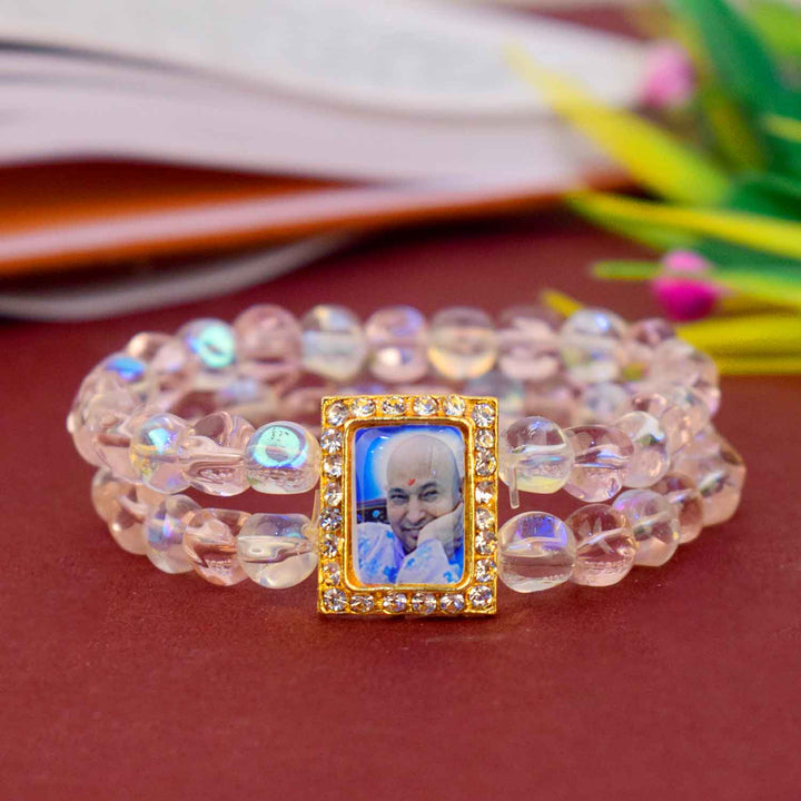 Guruji Bracelet with white and pink beads, handcrafted with care, perfect for daily wear, spiritual occasions, and festive gifting. India’s Largest Pooja Accessories Brand – www.satvikworld.com