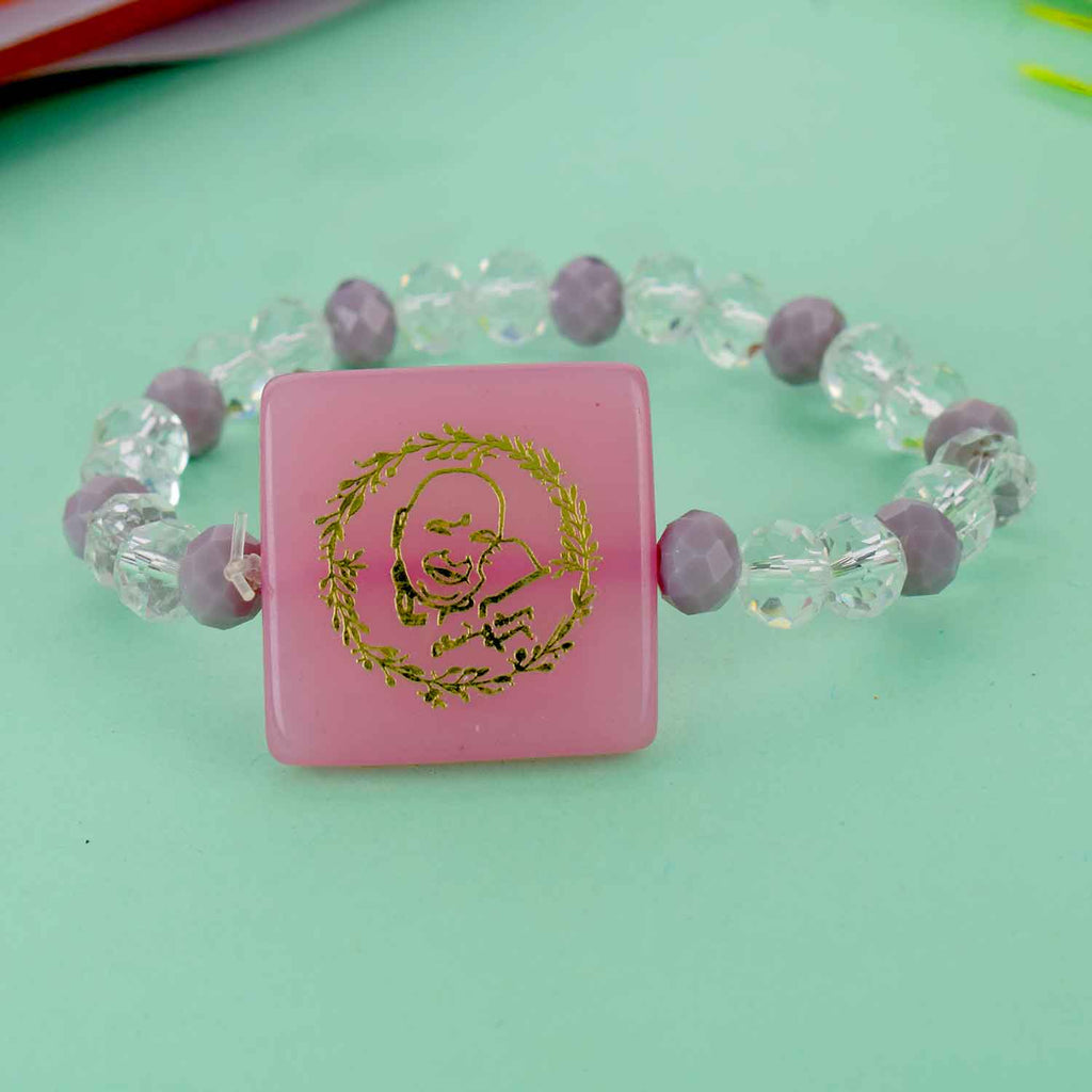 Guruji Swaroop Bracelet with elegant clear and coloured assorted beads – perfect for pooja, gifting, satsangs, and daily spiritual use. Satvikworld.com