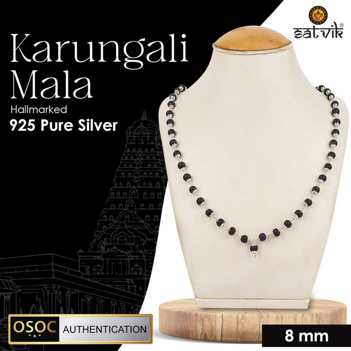 Hallmarked 925 pure silver government-certified Karungali mala, designed for spiritual protection, healing, and meditation. India’s Premium Jap Mala Store - www.satvikworld.com