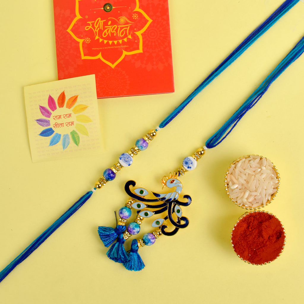 Designer Couple Rakhi Set for Bhaiya and Bhabhi with Roli Chawal and Ram Sita Stickers – Raksha Bandhan Gift Combo. India’s Largest Brass Idols Brand - www.satvikworld.com