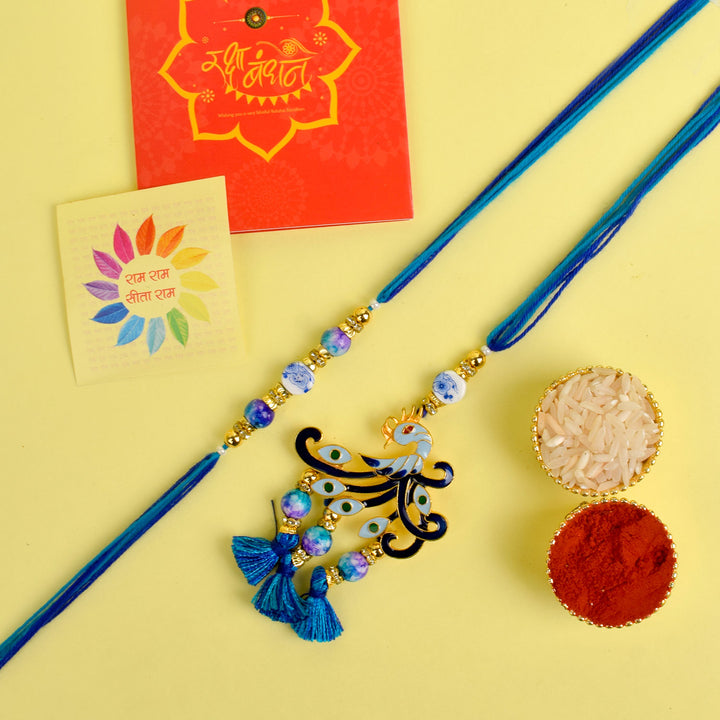 Designer Couple Rakhi Set for Bhaiya and Bhabhi with Roli Chawal and Ram Sita Stickers – Raksha Bandhan Gift Combo. India’s Largest Brass Idols Brand - www.satvikworld.com