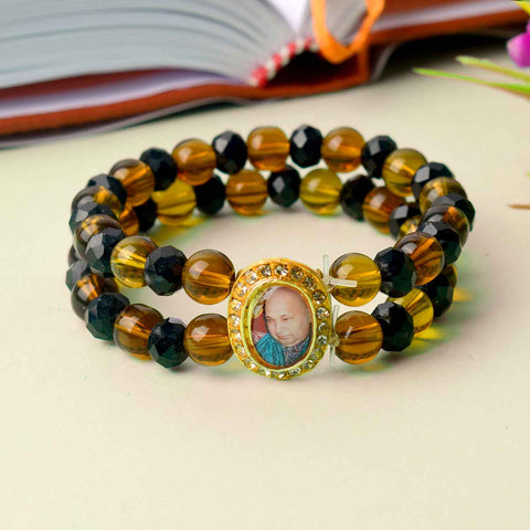 Jai Guruji Swaroop Bracelet with black and brown spiritual beads, handcrafted for divine grace and daily spiritual wear. India’s Largest Pooja Accessories Brand – www.satvikworld.com