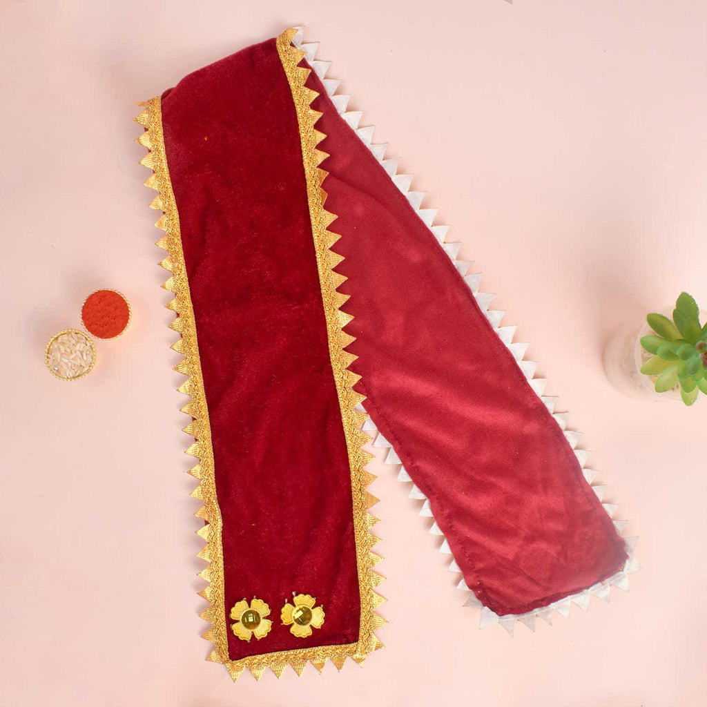 Maroon Angvastra/Patka/Duppata with Floral Design – Available in 15 and 32 inches, rich maroon devotional cloth featuring elegant floral patterns, perfect for temple rituals and spiritual ceremonies. India’s Largest Pooja Accessories Brand – www.satvikworld.com