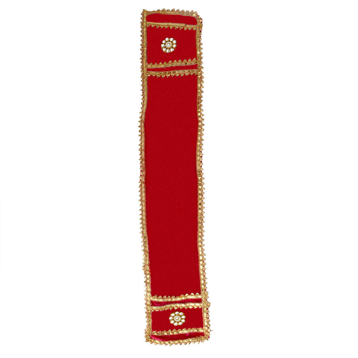 Mesmerizing red Patka or Angvastra with elegant golden lace, available in 15, 22, and 32 inch sizes, ideal for Ganesh idols and puja decoration. India’s Largest Pooja Accessories Brand – www.satvikworld.com