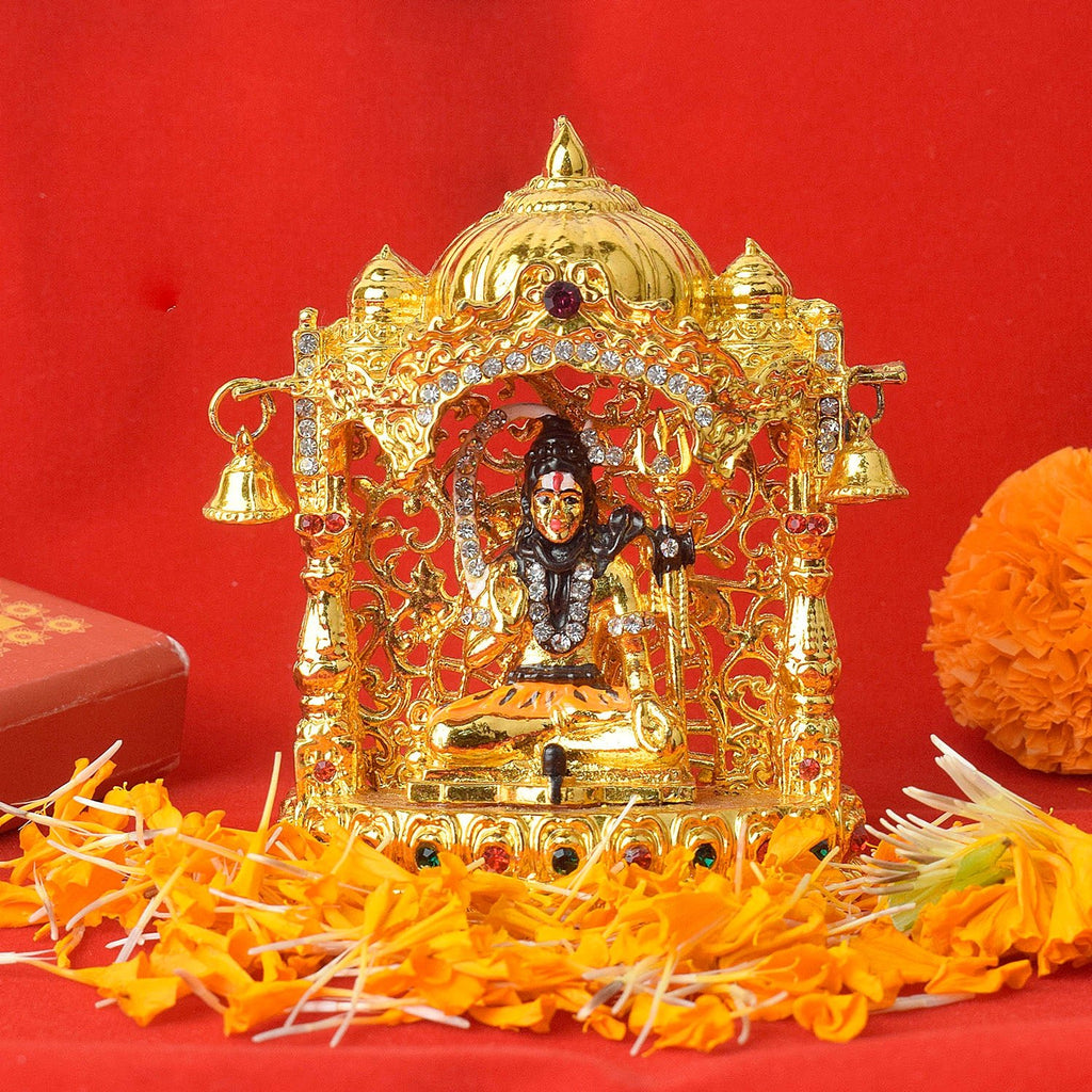 Metal Shiv Mandir Idol featuring Lord Shiva seated in a small ornate temple structure with Trishul and Damru, ideal for home altar or puja decor. India’s Largest Pooja Accessories Brand – www.satvikworld.com
