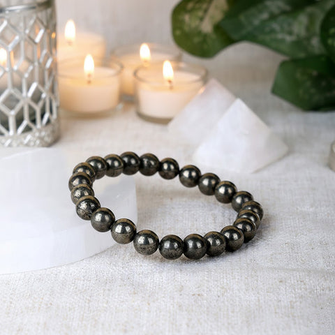 Natural pyrite healing stone bead bracelet with metallic gold 8mm beads. India’s Largest Pooja Accessories Brand - www.satvikworld.com