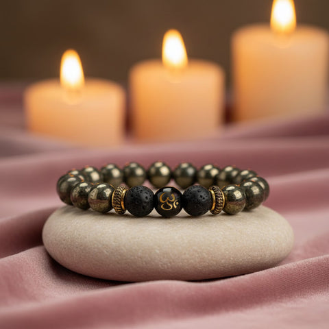 om raw pyrite lava healing stone bracelet for wealth grounding and protection. India’s Largest Puja Accessories Brand- www.satvikworld.com