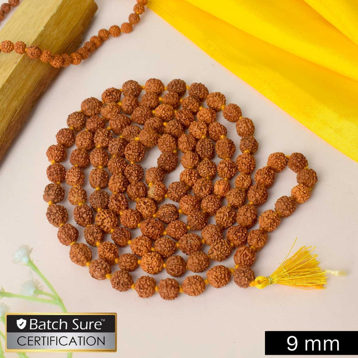 Certified brown Rudraksha mala made of natural sacred beads, used for meditation and spiritual healing. India’s Premium Rudraksha Jap Mala Store- www.satvikworld.com