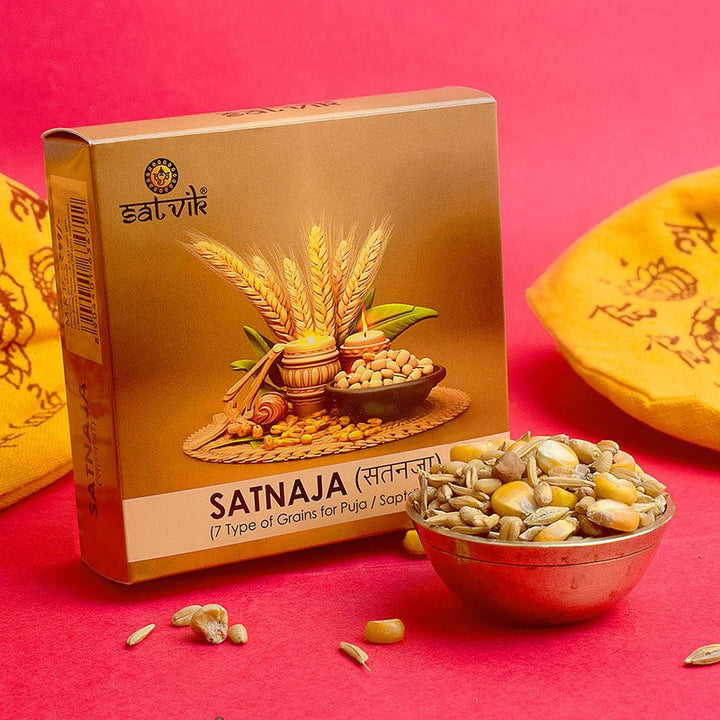 Pack of 7 Anaj (Sapta Dhanya) grains for Puja and Havan rituals, including traditional grains used in sacred ceremonies and spiritual offerings. India’s Largest Pooja Accessories Brand – www.satvikworld.com