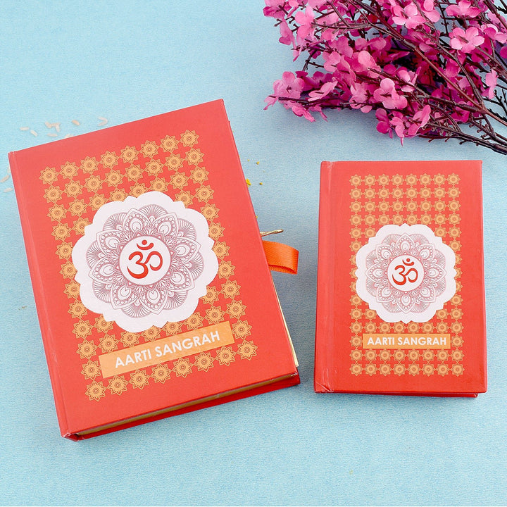 Cover image of the "Premium Aarti Sangrah Book" featuring a vibrant design with Hindu deities, containing a collection of sacred devotional aartis in Hindi. India’s Largest Pooja Accessories Brand – www.satvikworld.com