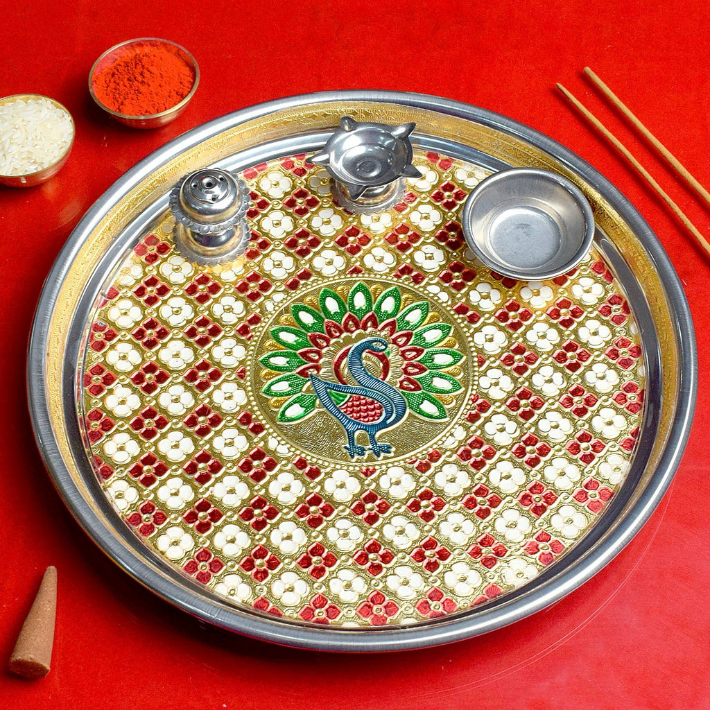 Printed stainless steel Aarti Thali ensemble featuring spiritual artwork, ideal for pooja rituals, festivals, and devotional ceremonies. India’s Largest Pooja Accessories Brand – www.satvikworld.com