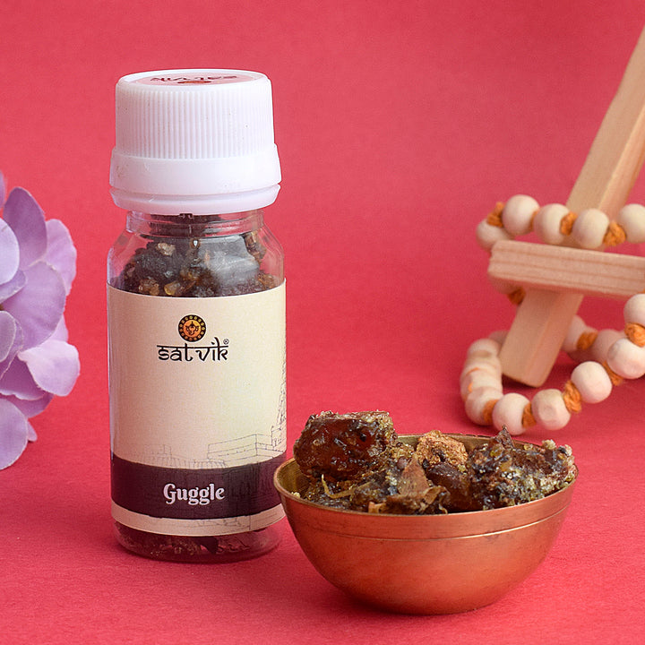 Pure Guggal for Pooja, 25 grams pack, used for spiritual rituals and offering a calming fragrance during pooja and aarti. India’s Largest Pooja Accessories Brand – www.satvikworld.com