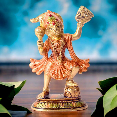 Radiant colored brass Sanjivani Hanuman idol, beautifully crafted to depict Lord Hanuman in vibrant colors, symbolizing strength, devotion, and healing power. This idol is inspired by the Sanjivani herb story, ideal for pooja rooms, home temples, or as a spiritual gift. India’s Largest Pooja Accessories Brand – www.satvikworld.com