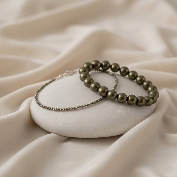 raw pyrite bracelet and raw pyrite anklet wealth abundance healing stone combo. India’s Largest Puja Accessories Brand- www.satvikworld.com