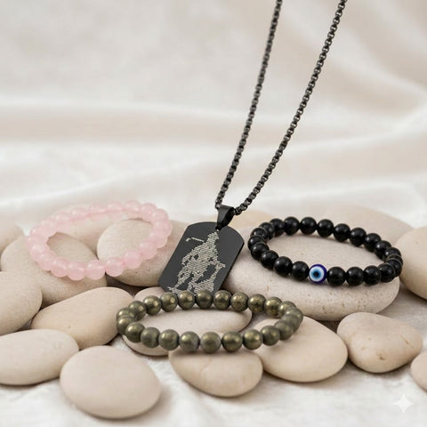 raw pyrite bracelet rose quartz bracelet black obsidian evil eye bracelet hanuman chalisa pendant protection love combo. India’s Largest Puja Accessories Brand- www.satvikworld.com