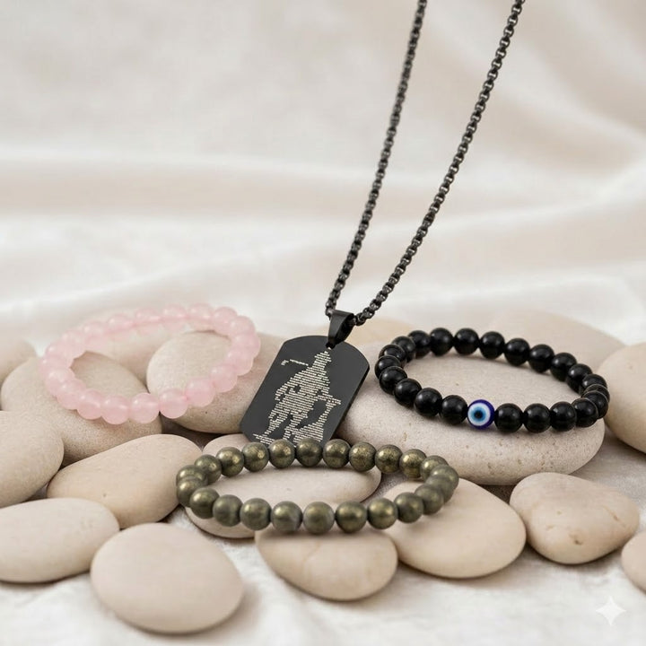 raw pyrite bracelet rose quartz bracelet black obsidian evil eye bracelet hanuman chalisa pendant protection love combo. India’s Largest Puja Accessories Brand- www.satvikworld.com