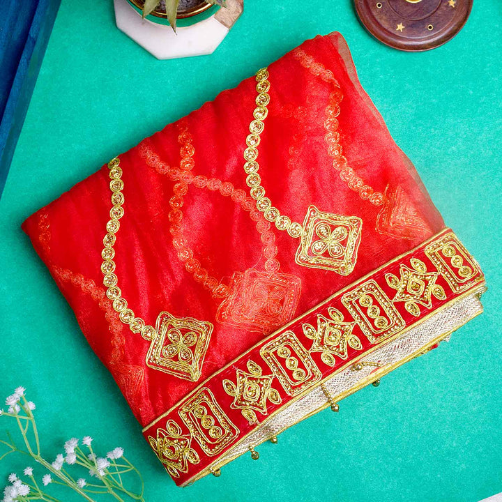 Add grace to your pooja ceremonies with this Pink and Gold Mata Chunri, measuring 214 cm x 102 cm. Adorned with gold wave patterns and a rich red border, it is perfect for Devi pooja, mandir altar decoration, and religious rituals during Navratri, Diwali, and other occasions.

Shop now at satvikworld.com for authentic Indian pooja essentials across the USA.