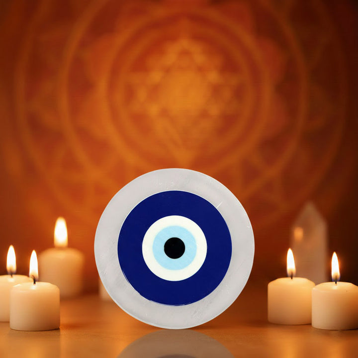 Natural salenite plate with evil eye engraving for energy cleansing. India’s Largest Puja Accessories Brand- www.satvikworld.com