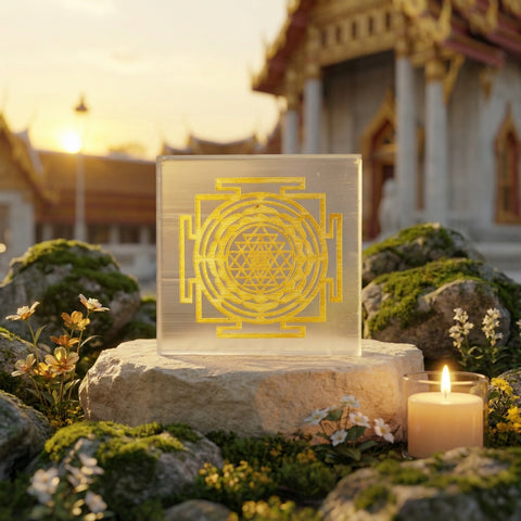 White selenite charging plate with Shree Yantra engraving for crystal cleansing and spiritual energy. India’s Largest Puja Accessories Brand- www.satvikworld.com