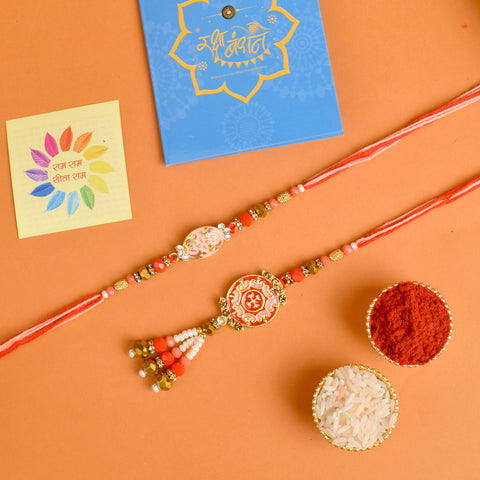 Designer Couple Rakhi Set for Bhaiya and Bhabhi with Roli Chawal and Ram Sita Stickers – Raksha Bandhan Gift Combo. India’s Largest Brass Idols Brand - www.satvikworld.com