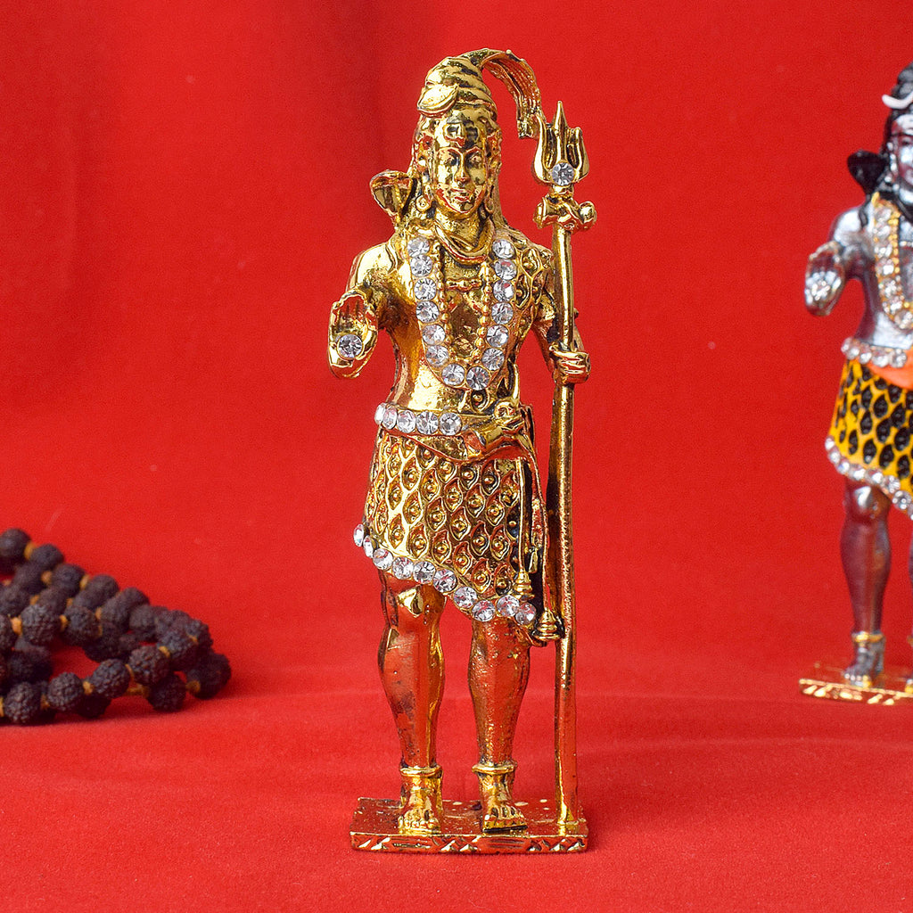 A beautifully crafted Standing Shiv Idol in a radiant golden finish, depicting Lord Shiva in a serene yet powerful posture, ideal for home temples, pooja decor, or as a divine gift symbolizing strength, tranquility, and cosmic energy. India’s Largest Pooja Accessories Brand – www.satvikworld.com
