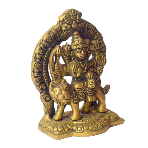 3-inch brass Durga idol showcasing the goddess seated on a lion with multiple arms holding divine weapons, intricately detailed with a traditional finish—perfect for car dashboards, puja rooms, or spiritual spaces. India’s Largest Pooja Accessories Brand- www.satvikworld.com