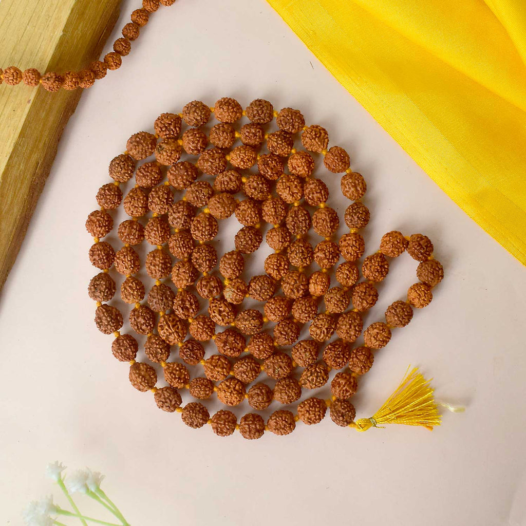 Certified brown Rudraksha mala made of natural sacred beads, used for meditation and spiritual healing. India’s Premium Rudraksha Jap Mala Store- www.satvikworld.com