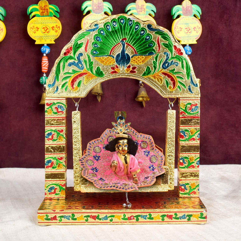 Golden Meenakari Jhula – Arched Crown Peacock Frame for Laddu Gopal – India’s Largest Pooja Accessories Brand – www.satvikworld.com
