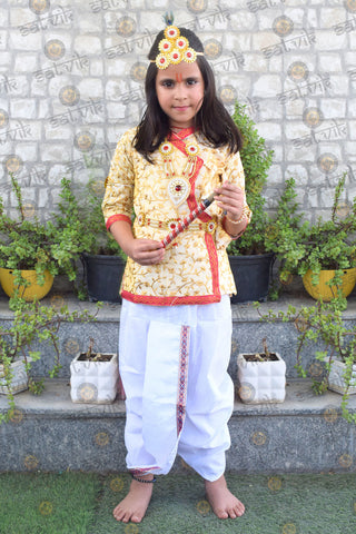 Cream Krishna Dress – Embroidered Dhoti Kurta with Red Border