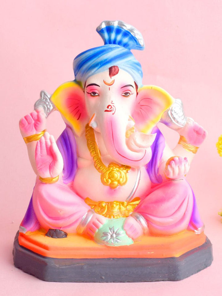 8 Inch multicolor eco-friendly Ganesha idol in sitting pose made from Shadu Mati clay. India’s Largest Pooja Accessories Brand – www.satvikworld.com