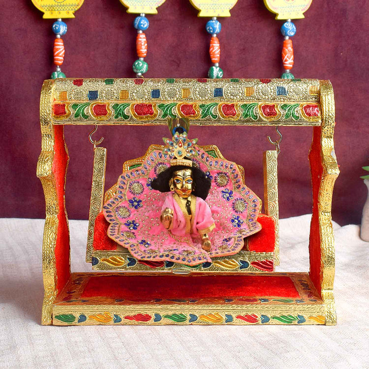 Ornate Meenakari Jhula – Singhasan Style Velvet Cradle for Laddu Gopal – India’s Largest Pooja Accessories Brand – www.satvikworld.com


