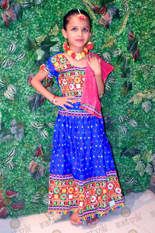 Elegant Blue Phulkari Radha Dress for Girls – With Pink Dupatta