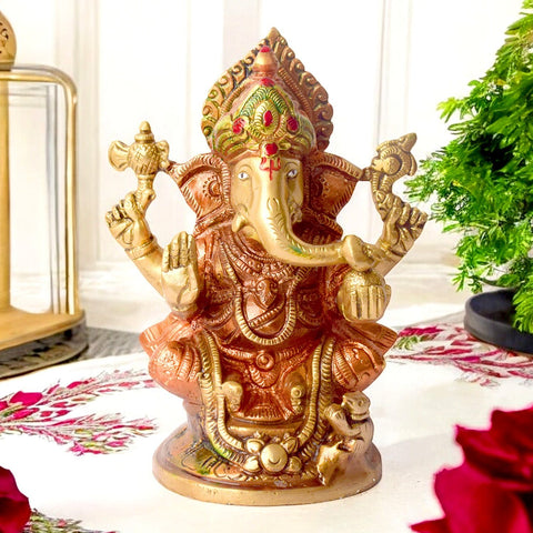 Vibrant Colored Brass Ganesh Statue - Medium – Exquisite Brass Idol of Lord Ganesh, Handcrafted with Intricate Detailing and Vibrant Colors. This Medium-Sized Statue is Perfect for Home, Temple, and Spiritual Decor. Ideal for Puja, Mandir Decoration, and Bringing Blessings of Wisdom, Prosperity, and Good Fortune to Your Space | India’s Largest Pooja Accessories Brand – www.satvikworld.com