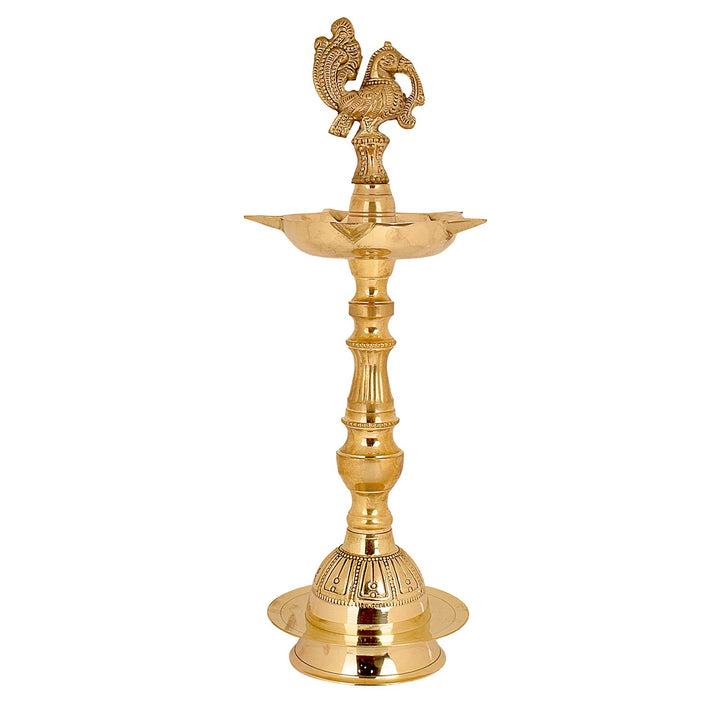 13 Inch Embossed Brass Peacock Kerala Samai Diya – A 13-inch brass diya with an embossed peacock design, perfect for enhancing sacred spaces and spiritual rituals. India’s Largest Pooja Accessories Brand – www.satvikstore.in