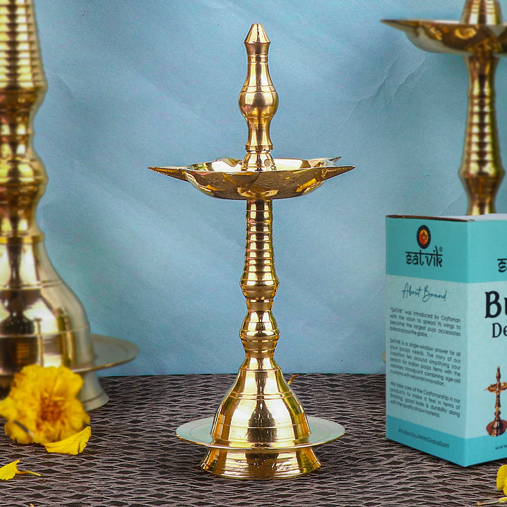 7 Inch Traditional Brass Kerala Diya – Elegant small brass diya, perfect for pooja ceremonies, spiritual rituals, and home decor. India’s Largest Pooja Accessories Brand – www.satvikstore.in