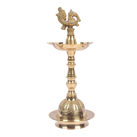 9.5 Inch Embossed Brass Peacock Kerala Samai Diya – A beautiful 9.5-inch brass diya with an embossed peacock design, perfect for spiritual ceremonies and enhancing sacred spaces. India’s Largest Pooja Accessories Brand – www.satvikstore.in